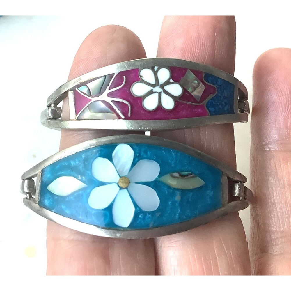 Vintage Childs Bracelets Mexico Alpaca Blue Pink Flower Abalone Set of 2